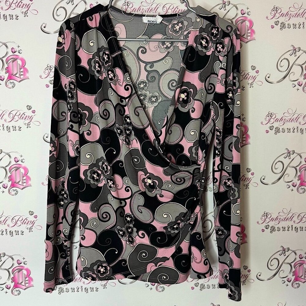 Ricki's long sleeve abstract flowers swirl pattern Gray and Pink Floral Top